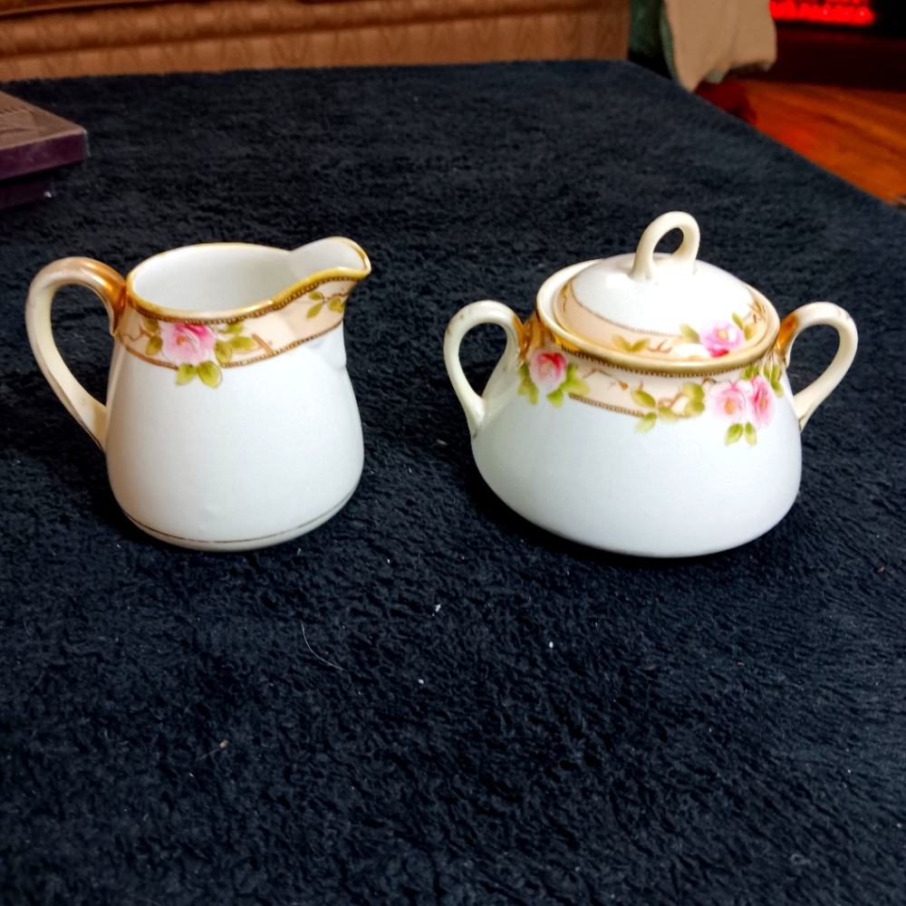 Nippon Sugar & Creamer Japan Porcelain Hand Painted Pink Roses & Gold Trim